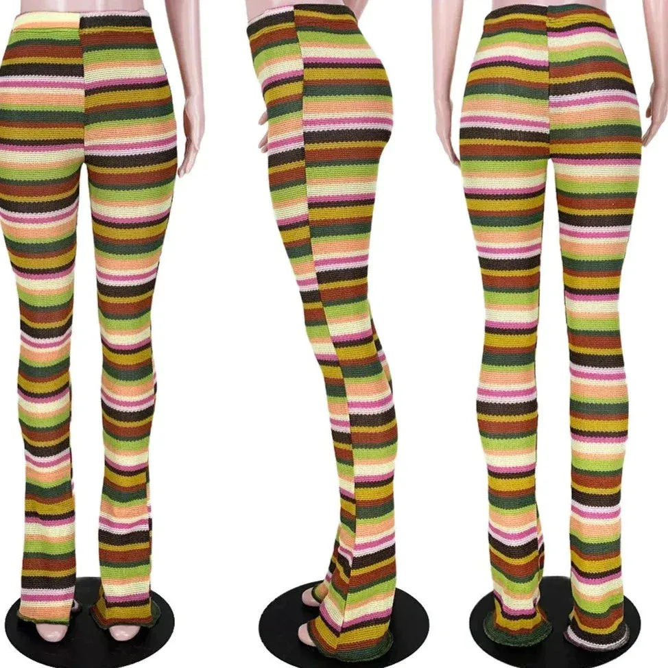 Striped Knit Ribbed Ruched Flare Legging Pants INS Active Sport Stretch High Waist Stacked Trousers