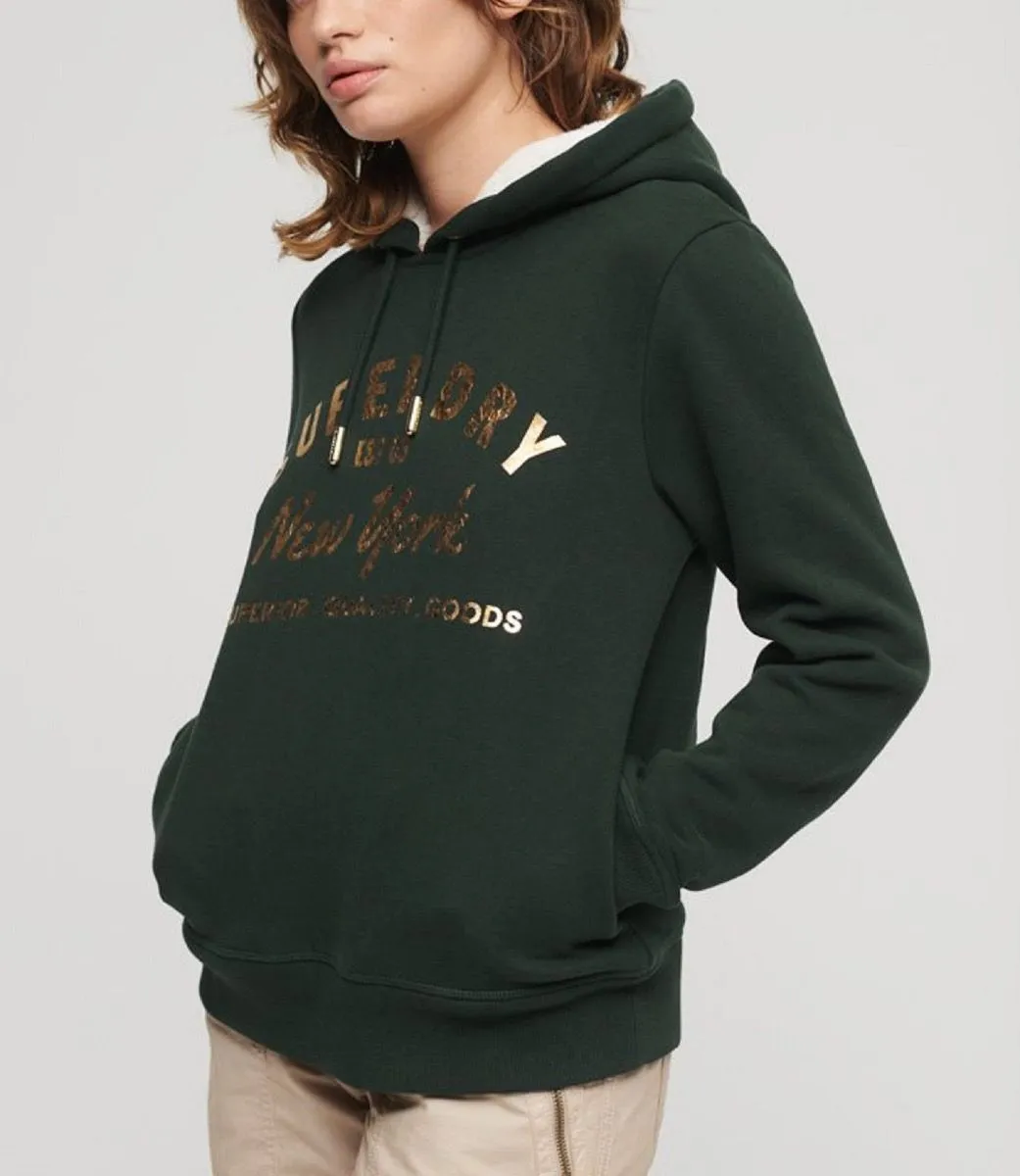 Superdry Womens Luxe Metallic Hooded Sweatshirts Academy Dark Green