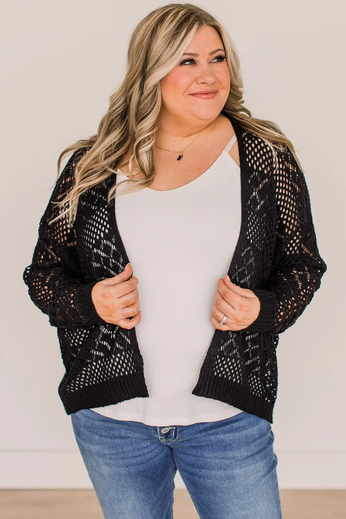 Sweetest Love Open Knit Cardigan- Black