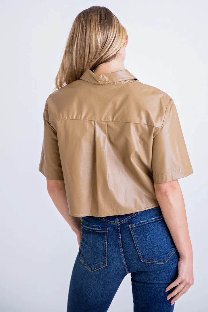 Tan Faux Leather Camp Shirt