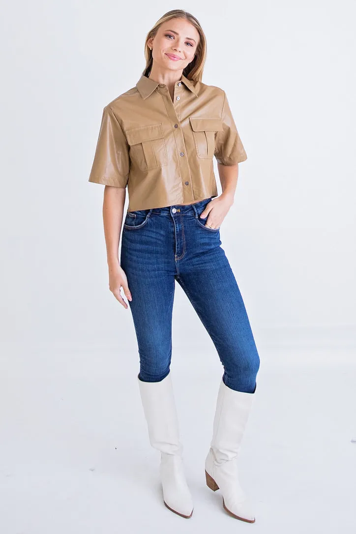 Tan Faux Leather Camp Shirt