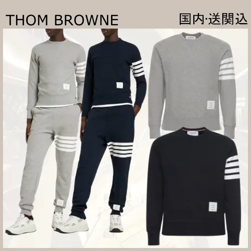 THOM BROWNE  |Crew Neck Pullovers Stripes Street Style Long Sleeves Plain