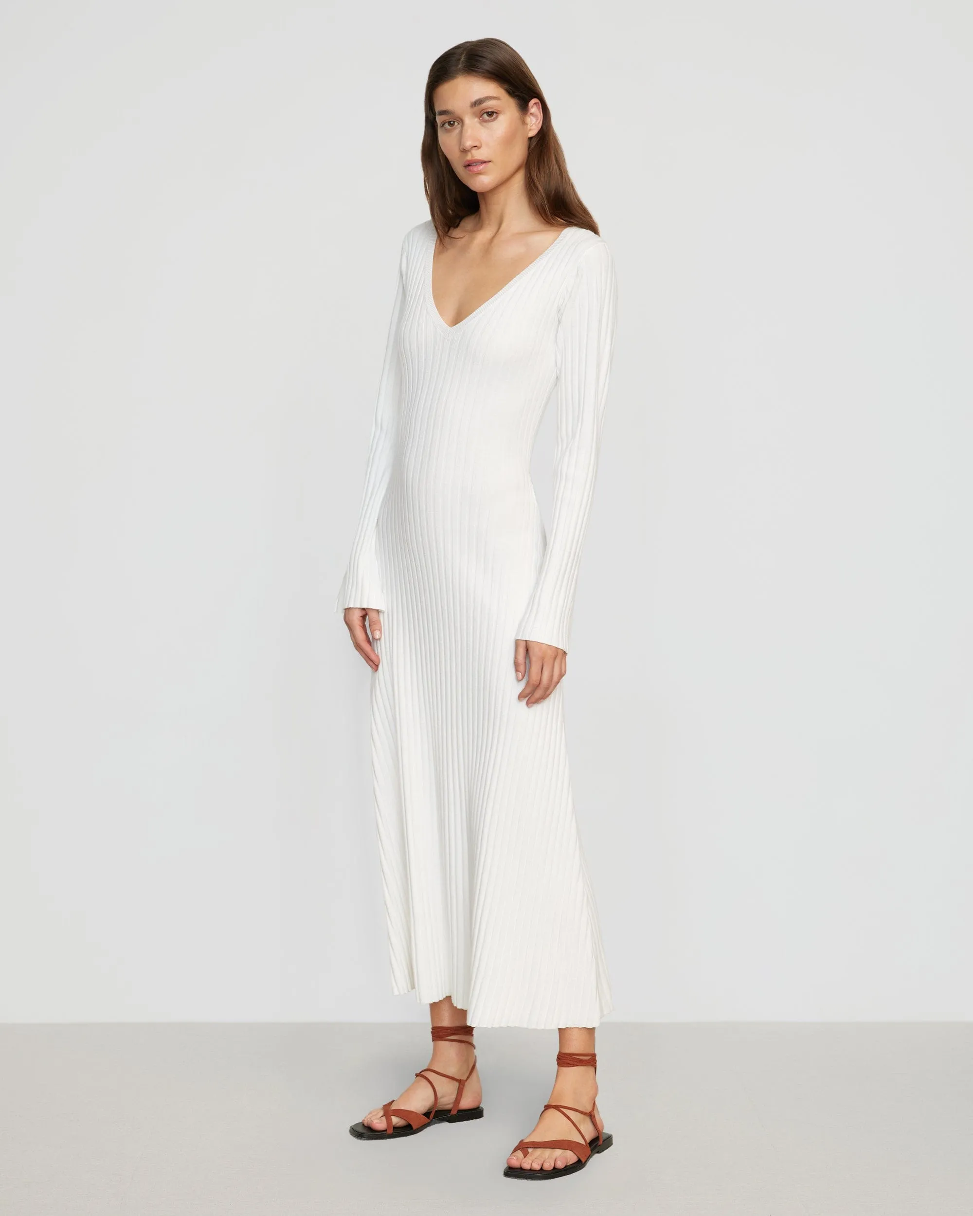 Wesley Ribbed V-Neck Sweater Dress | White