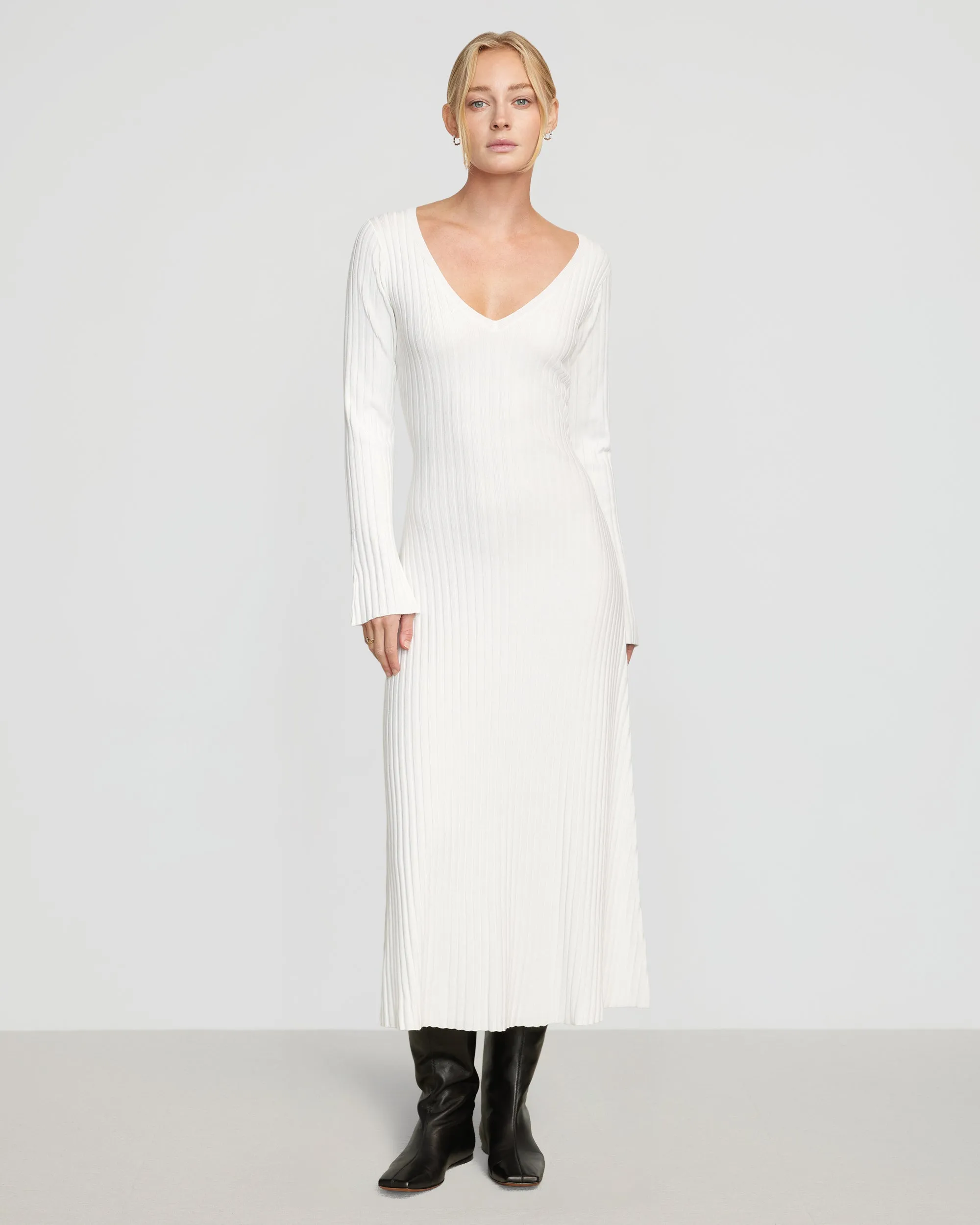 Wesley Ribbed V-Neck Sweater Dress | White