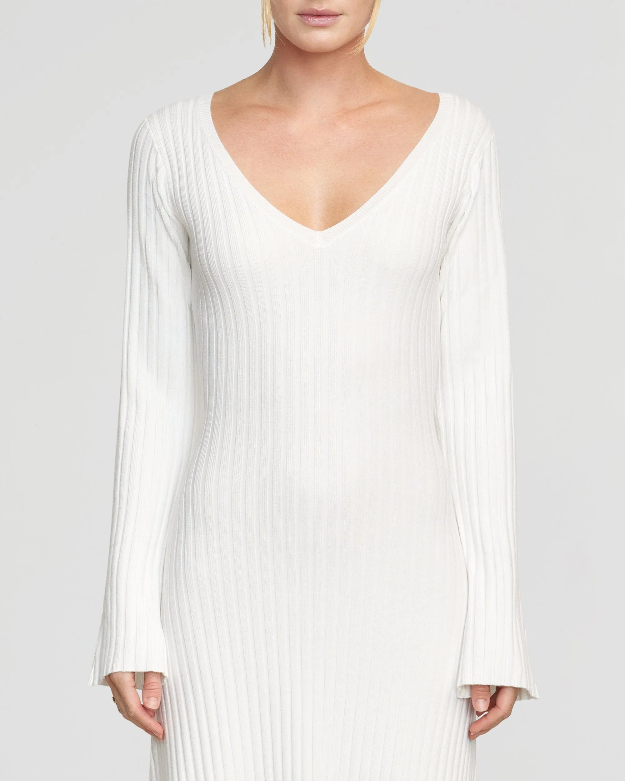 Wesley Ribbed V-Neck Sweater Dress | White