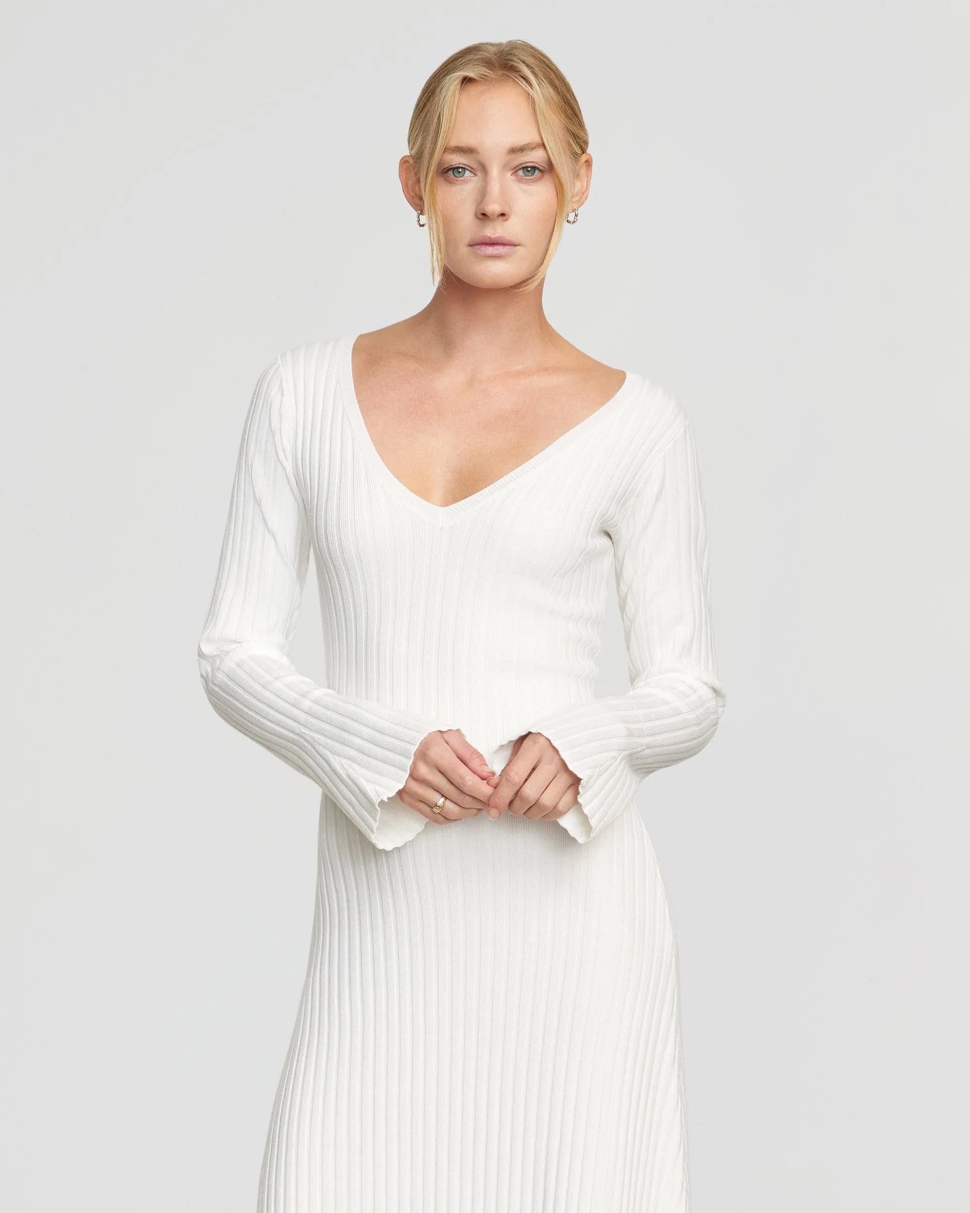 Wesley Ribbed V-Neck Sweater Dress | White