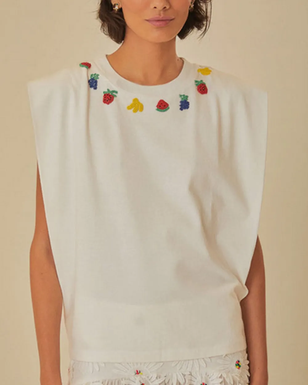 White Beaded Fruit Embellished T-Shirt