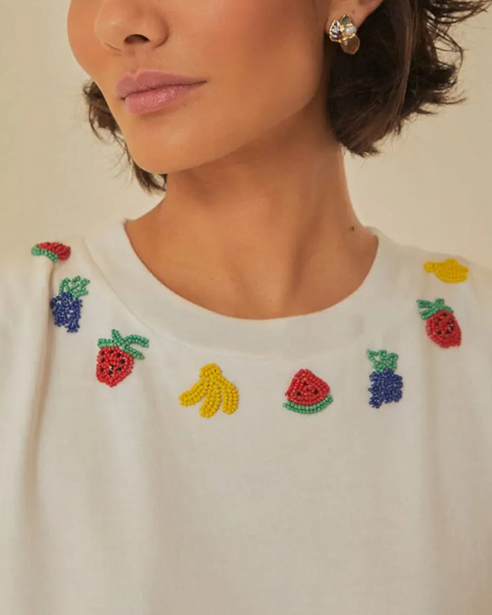 White Beaded Fruit Embellished T-Shirt