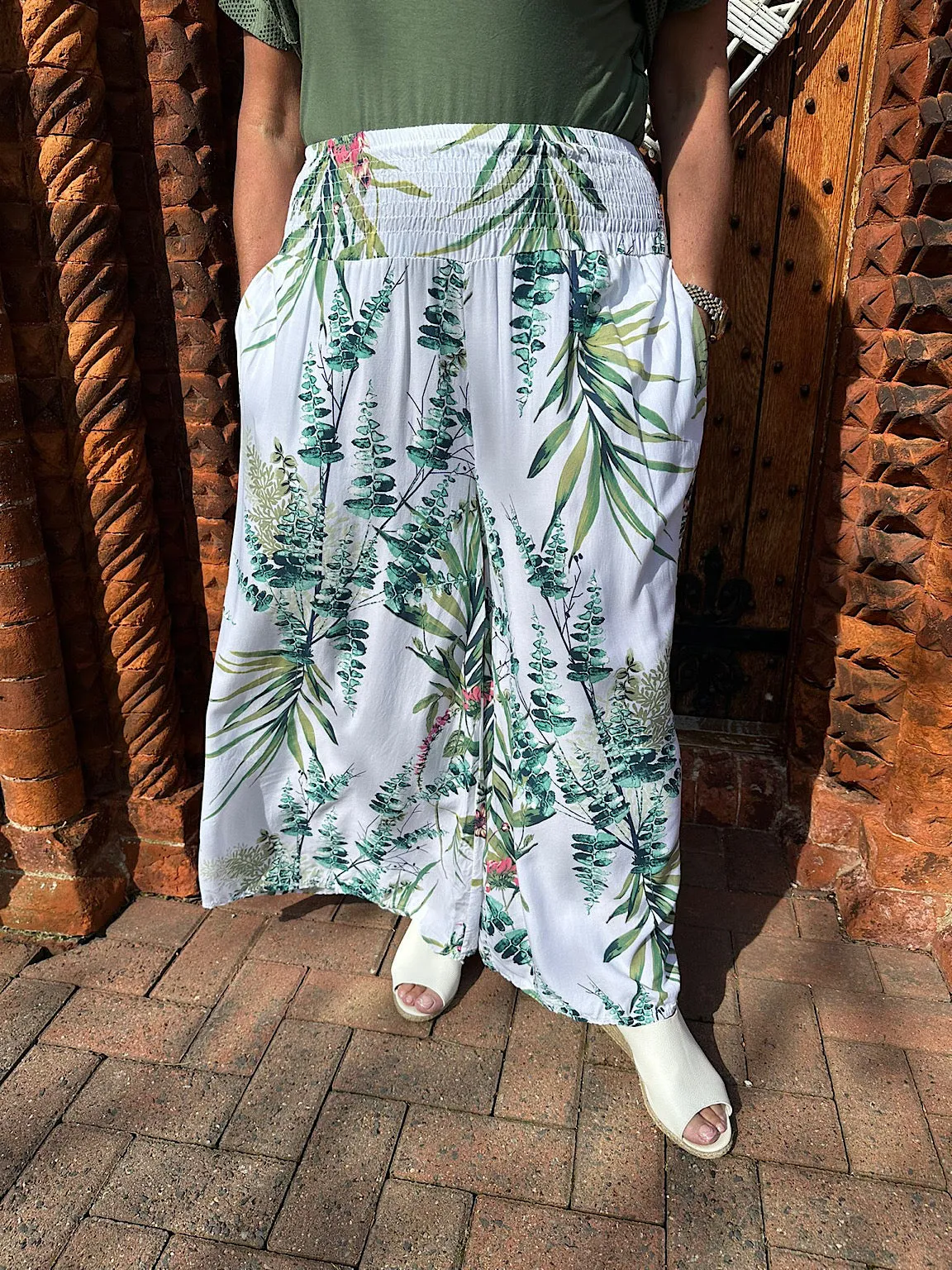 White Botanical Print Wide Leg Trousers