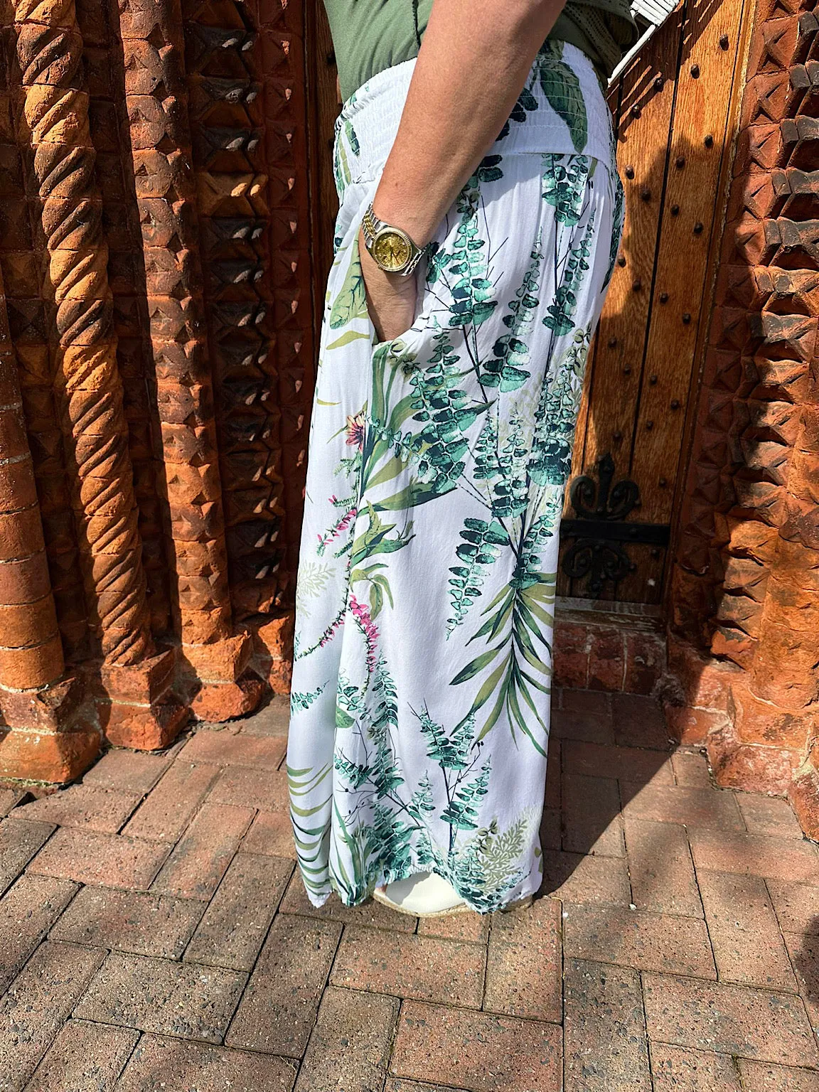 White Botanical Print Wide Leg Trousers