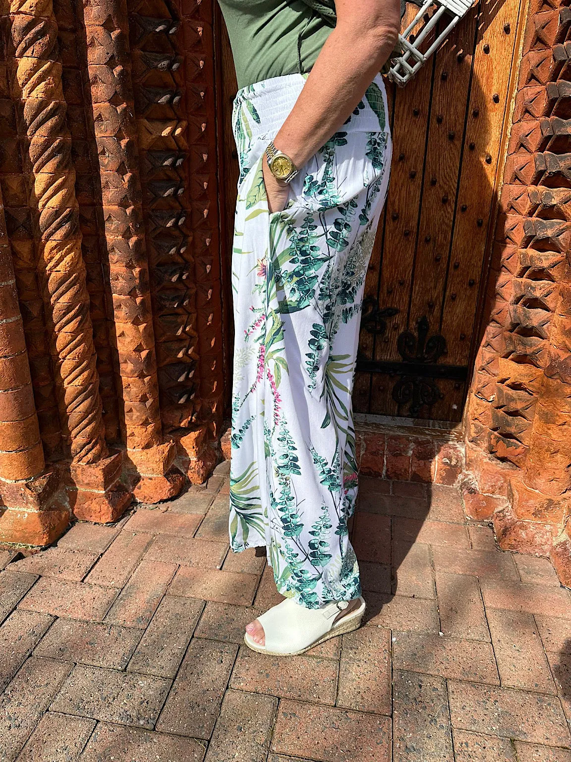 White Botanical Print Wide Leg Trousers