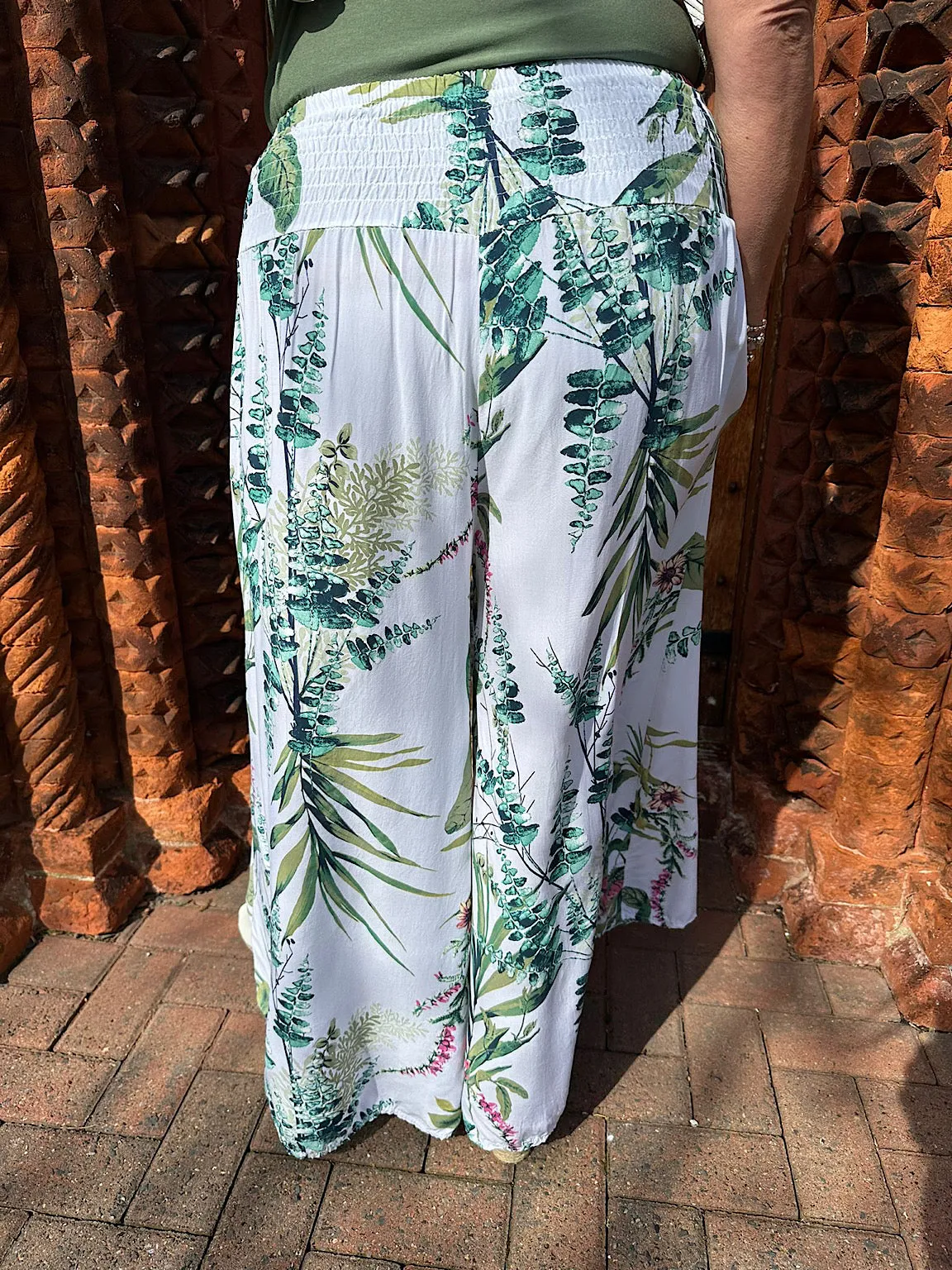 White Botanical Print Wide Leg Trousers