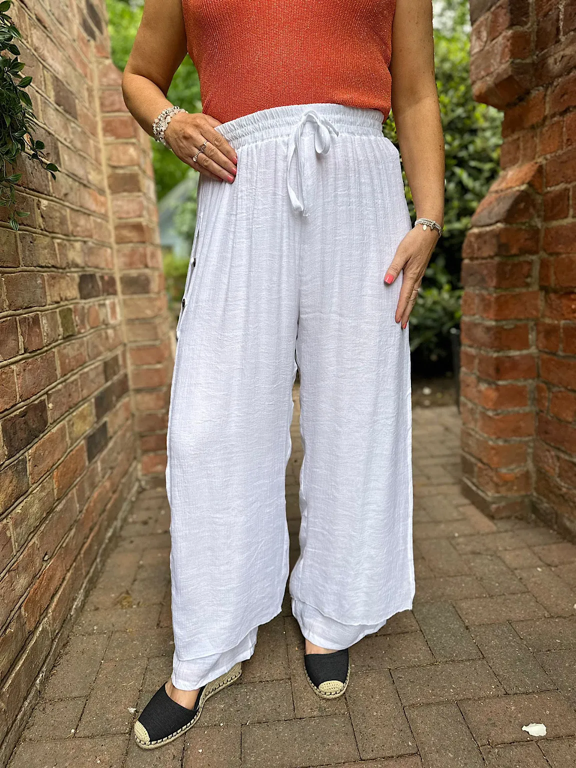 White Button Double Layer Lightweight Trousers