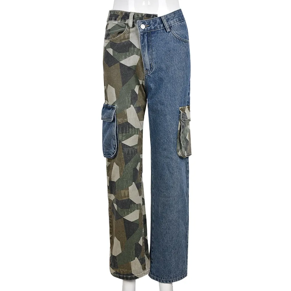 Women's Casual Denim Camouflage Patchwork Ankle Length Straight Pants