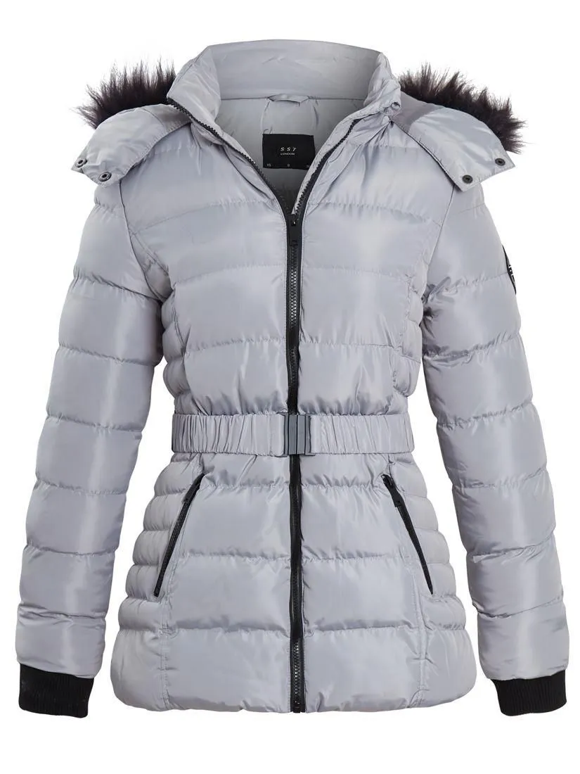 Womens Puffer Parka with Faux Fur Hooded Coat, Pale Pink, Grey, Black, Sizes 8 to 16