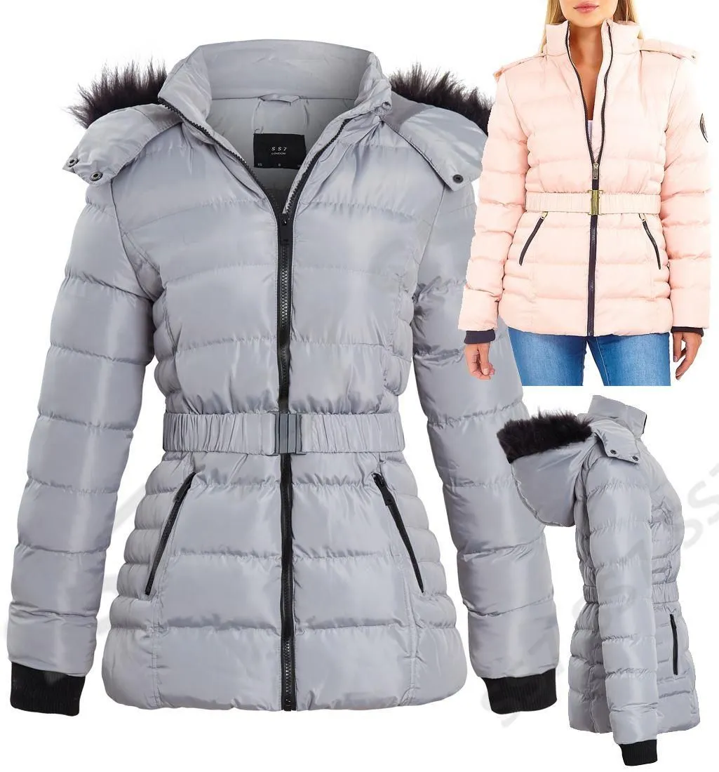 Womens Puffer Parka with Faux Fur Hooded Coat, Pale Pink, Grey, Black, Sizes 8 to 16