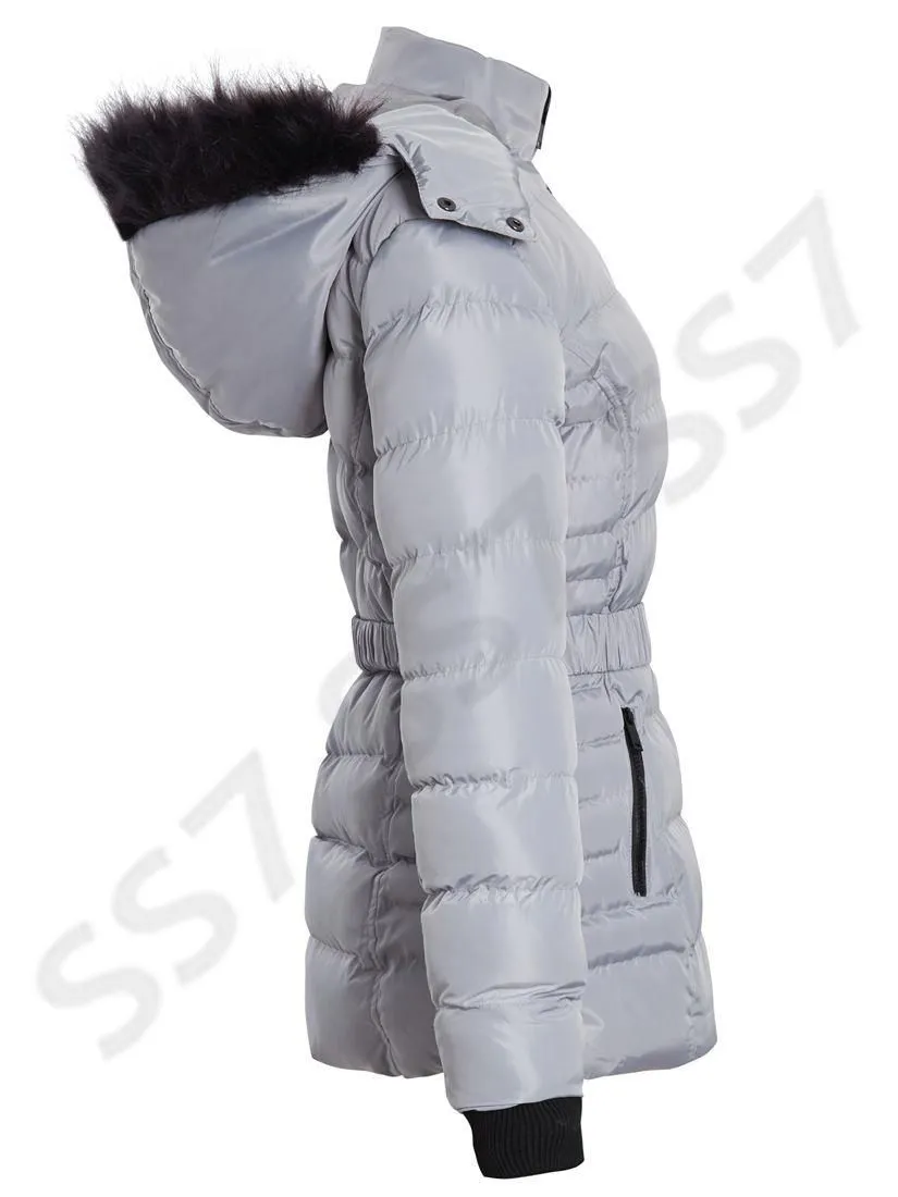 Womens Puffer Parka with Faux Fur Hooded Coat, Pale Pink, Grey, Black, Sizes 8 to 16