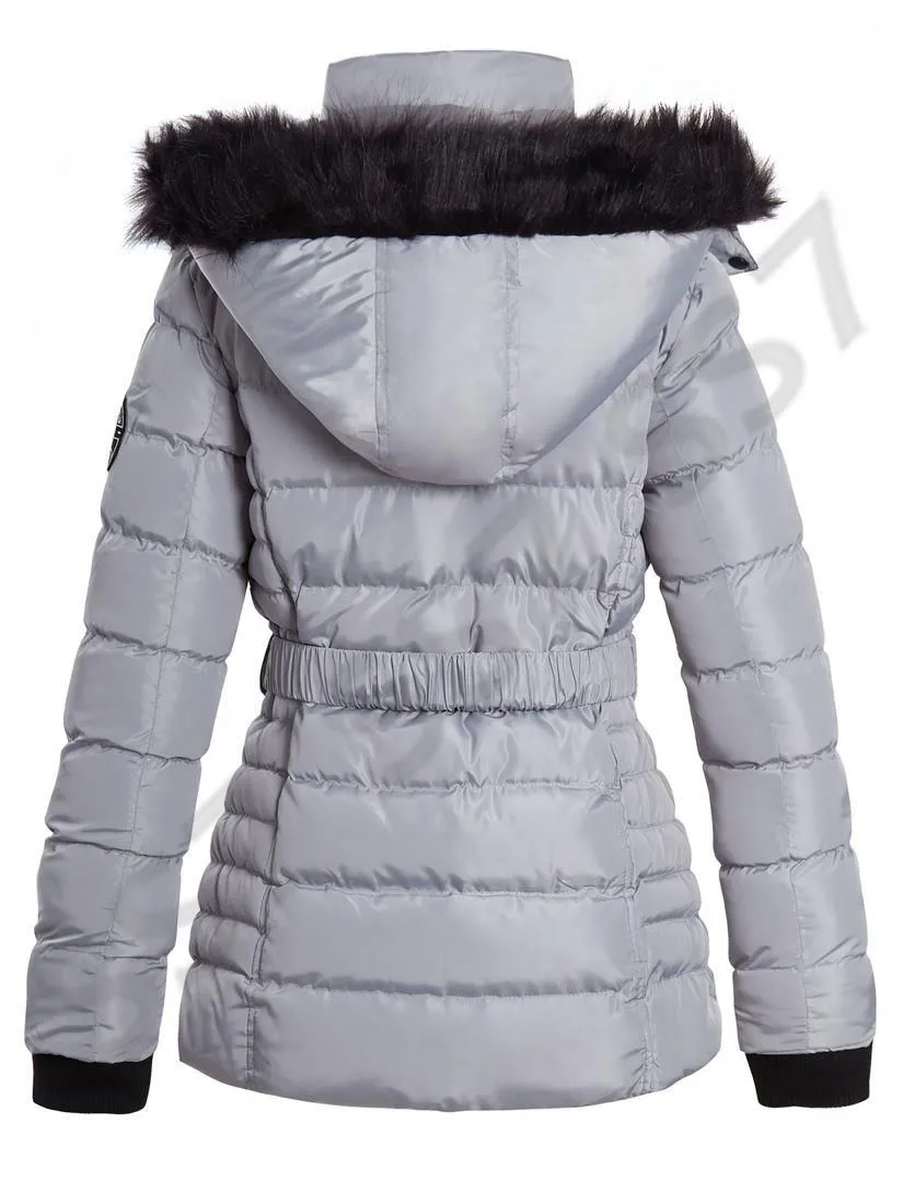 Womens Puffer Parka with Faux Fur Hooded Coat, Pale Pink, Grey, Black, Sizes 8 to 16