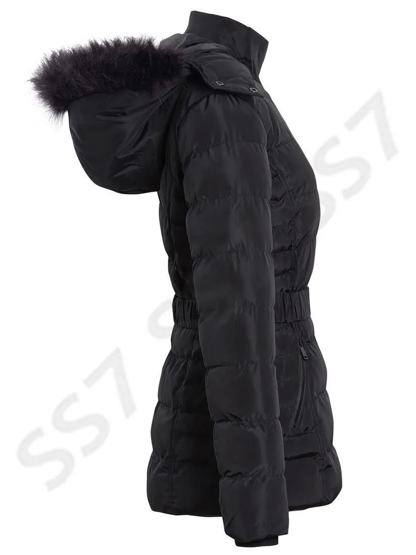 Womens Puffer Parka with Faux Fur Hooded Coat, Pale Pink, Grey, Black, Sizes 8 to 16