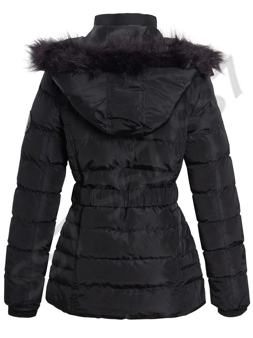 Womens Puffer Parka with Faux Fur Hooded Coat, Pale Pink, Grey, Black, Sizes 8 to 16