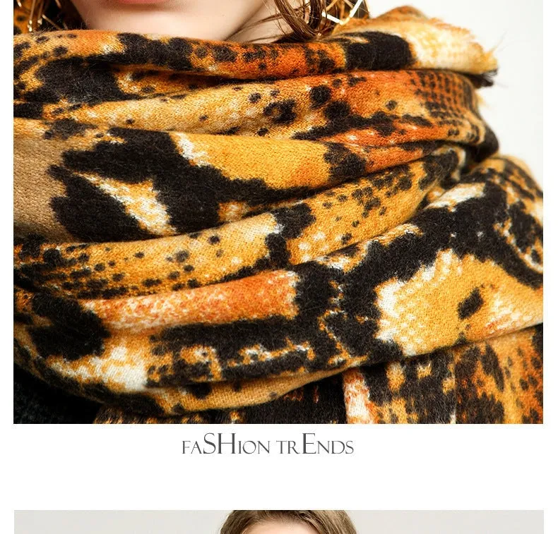 Women's Winter Warm Designer Cashmere Snake Skin Printed Shawls