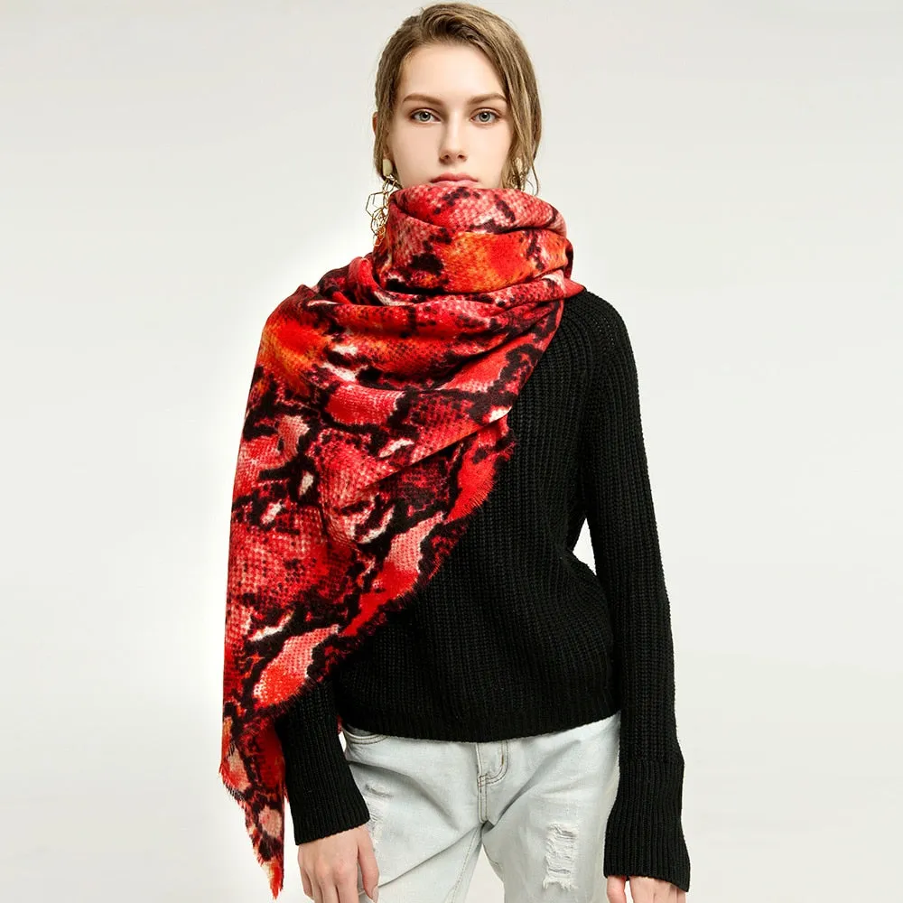 Women's Winter Warm Designer Cashmere Snake Skin Printed Shawls