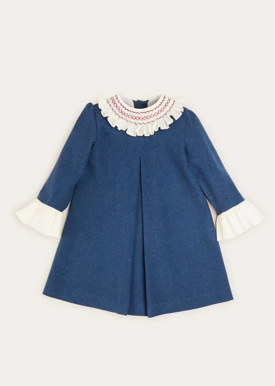 Wool Handsmocked Collar Long Sleeve Dress In Navy (2-10yrs)