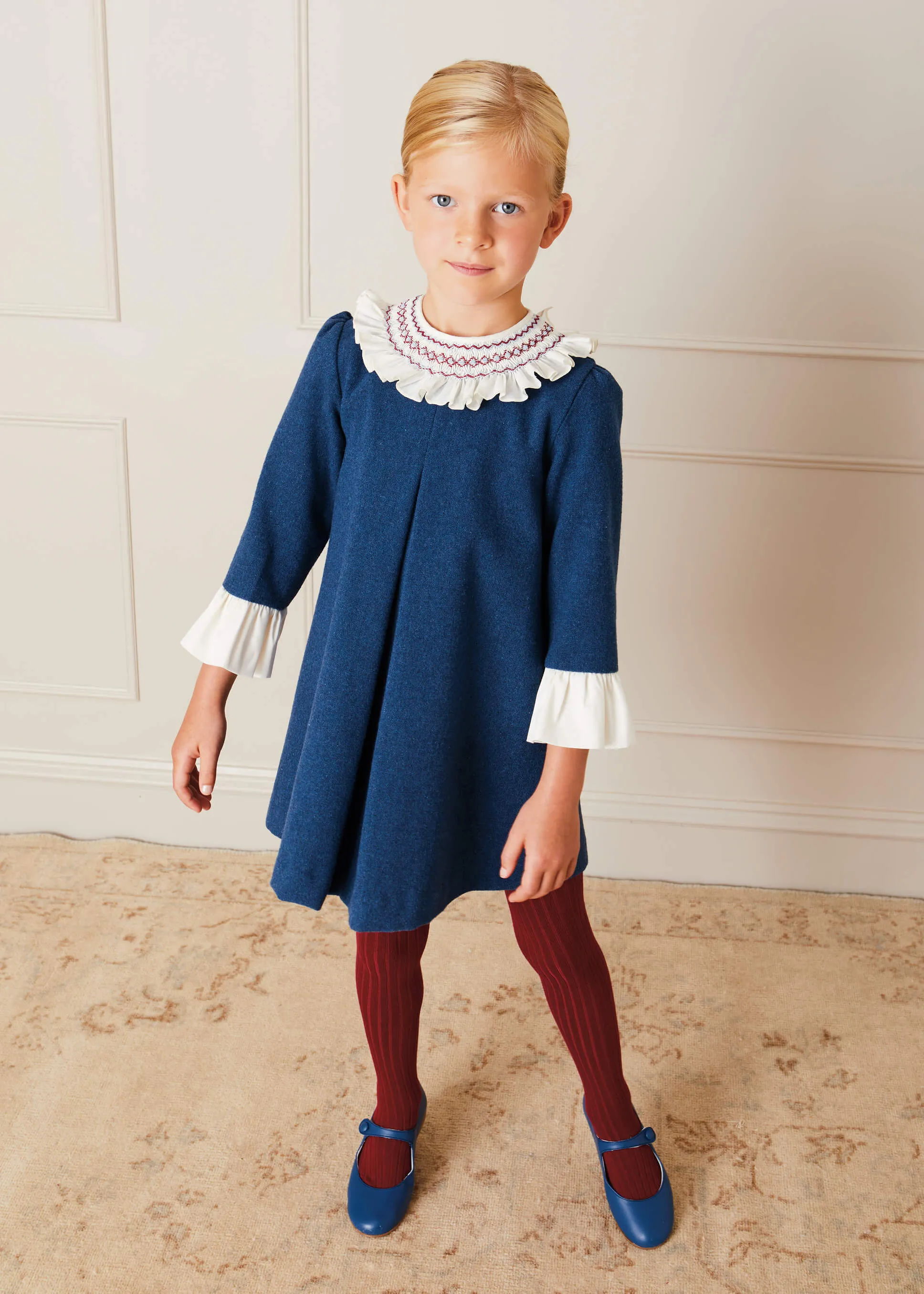 Wool Handsmocked Collar Long Sleeve Dress In Navy (2-10yrs)