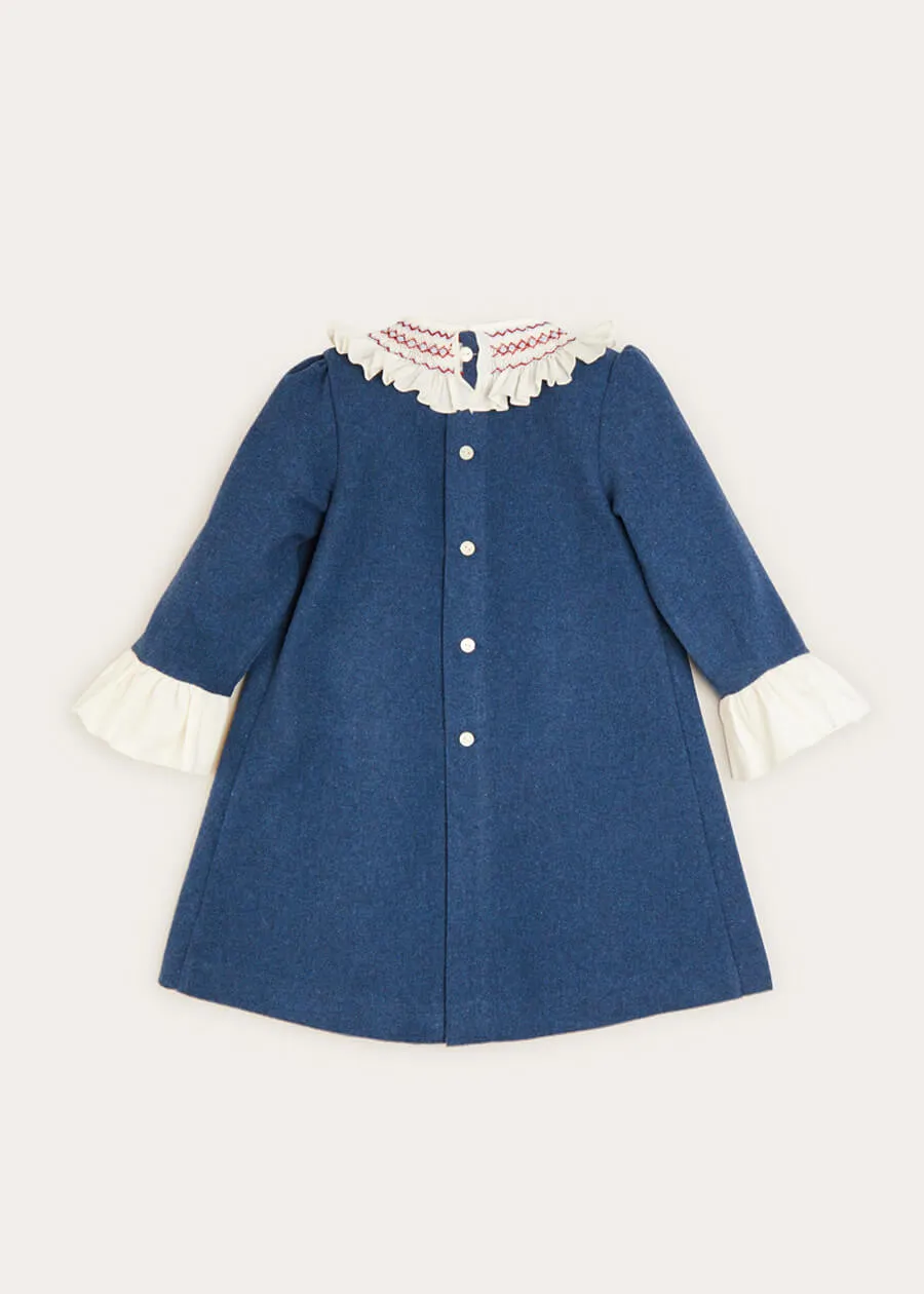 Wool Handsmocked Collar Long Sleeve Dress In Navy (2-10yrs)