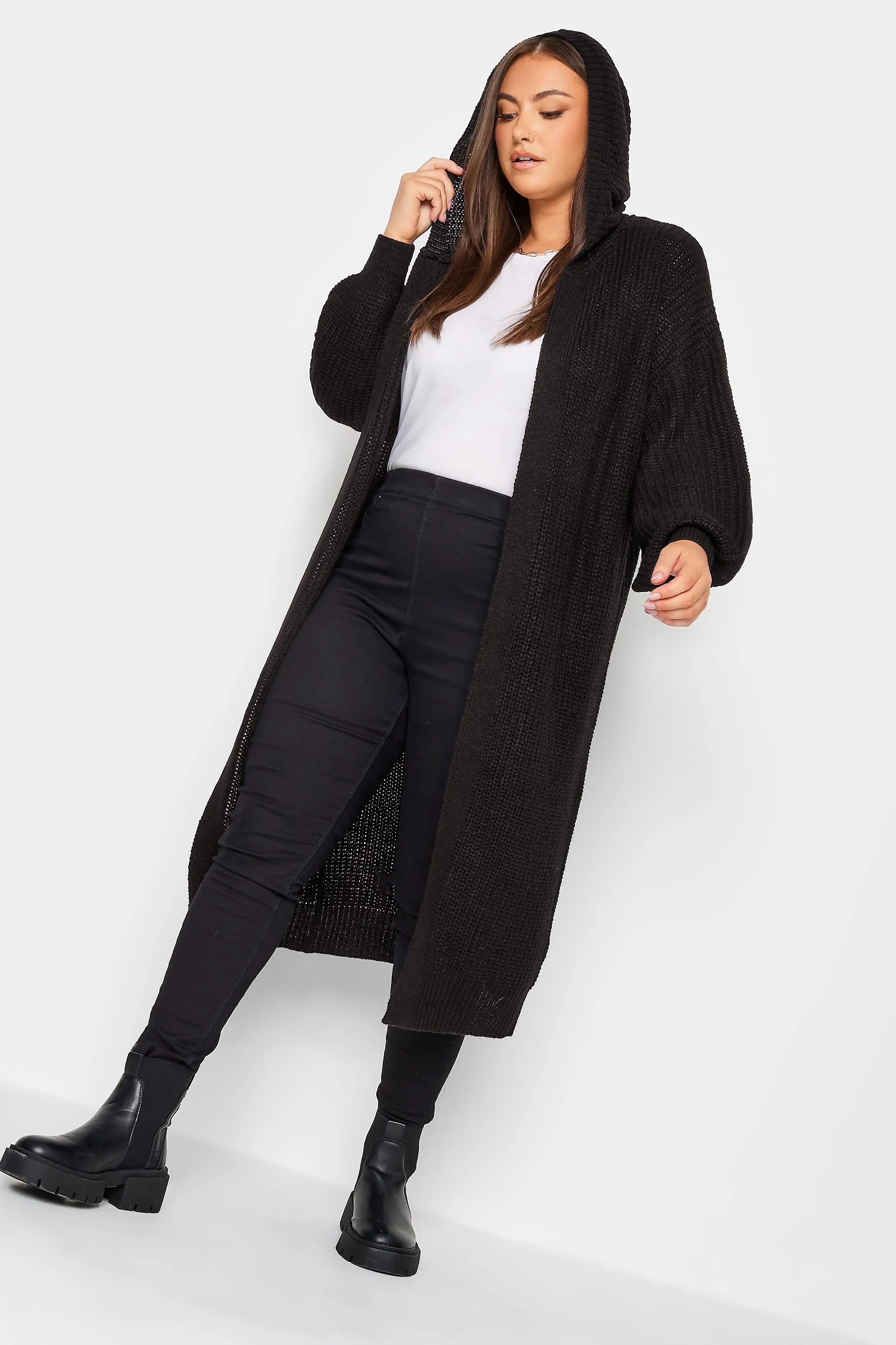 YOURS Curve Black Hooded Longline Cardigan