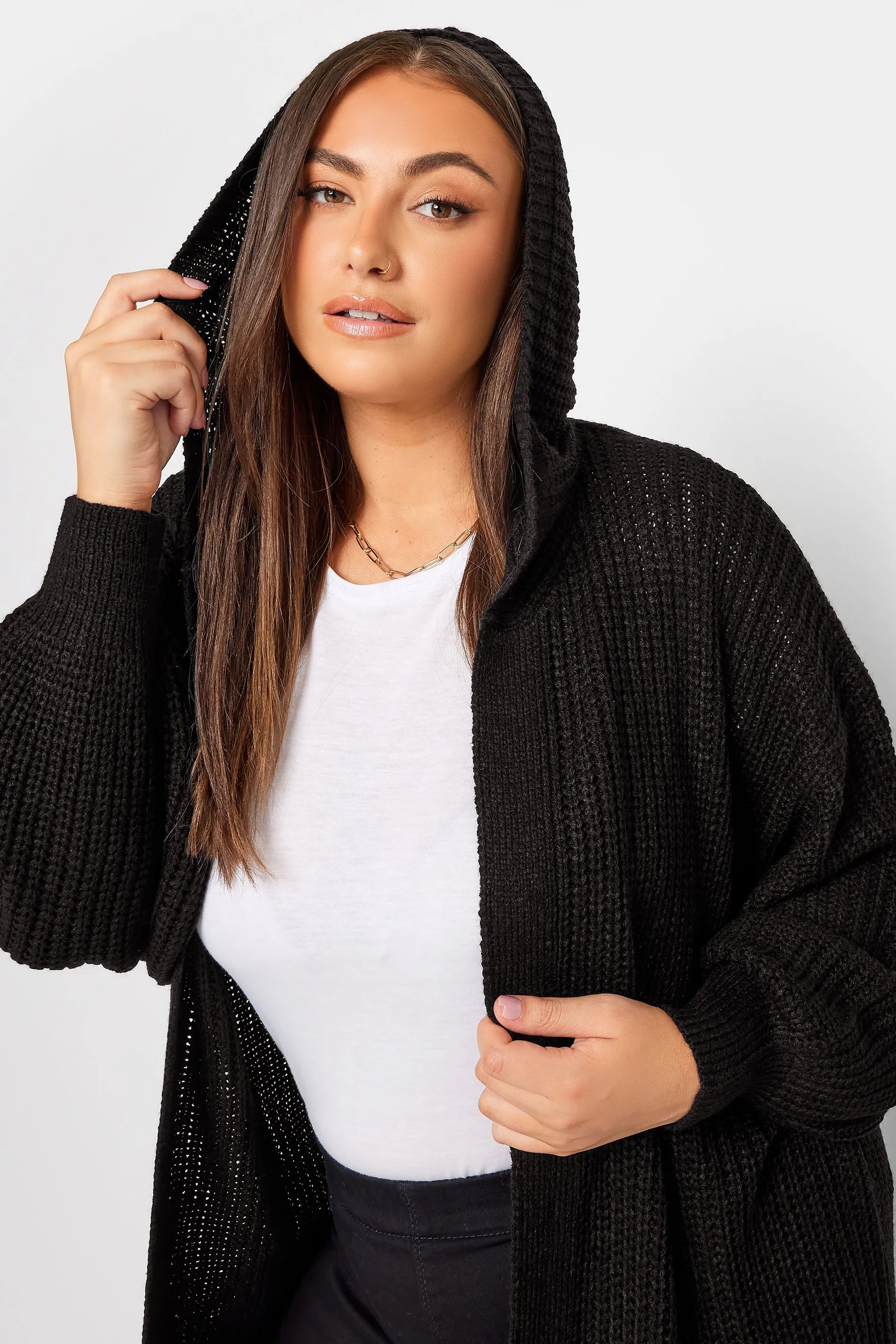 YOURS Curve Black Hooded Longline Cardigan