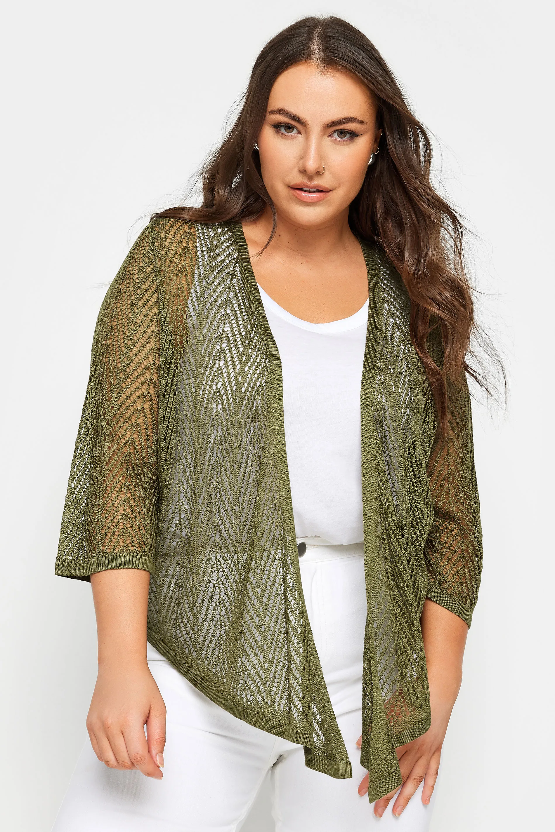 YOURS Curve Green Pointelle Waterfall Cardigan