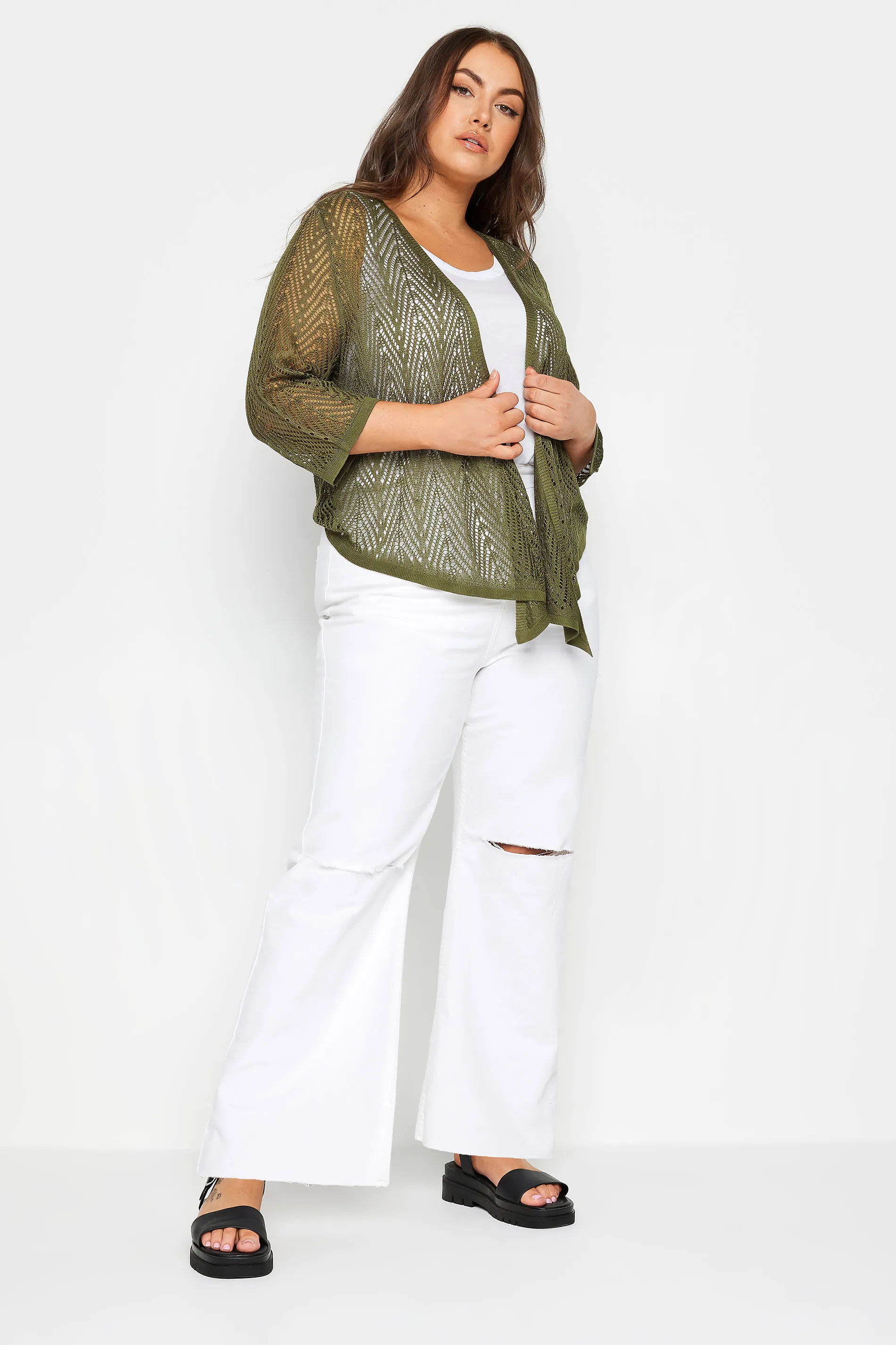 YOURS Curve Green Pointelle Waterfall Cardigan