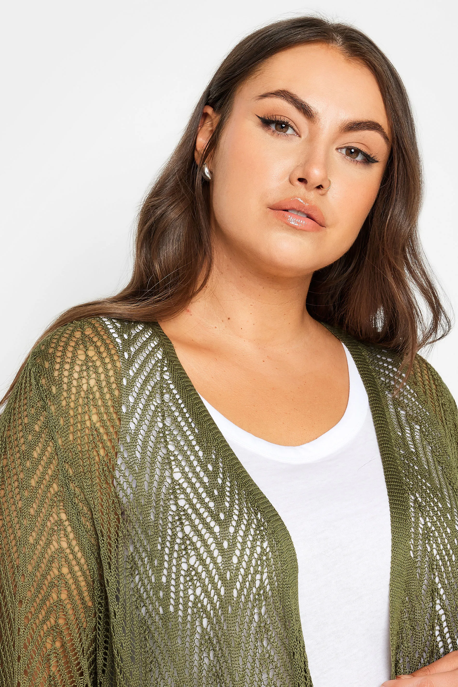 YOURS Curve Green Pointelle Waterfall Cardigan