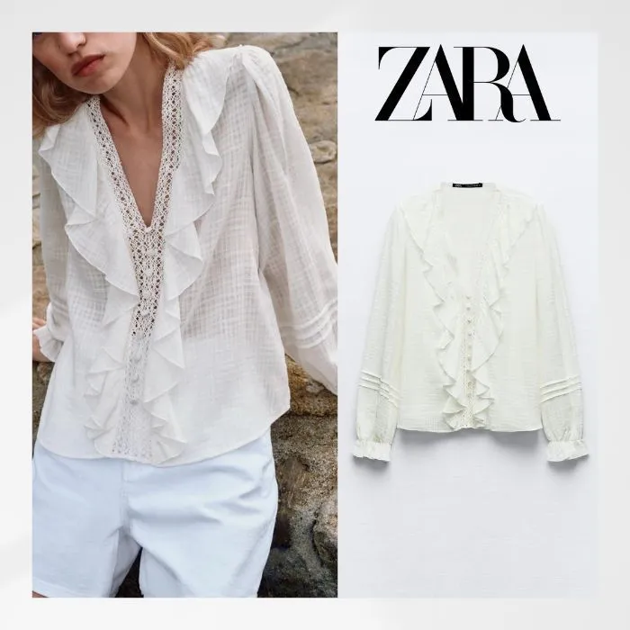 ZARA  |Flower Patterns Casual Style Long Sleeves Plain Cotton